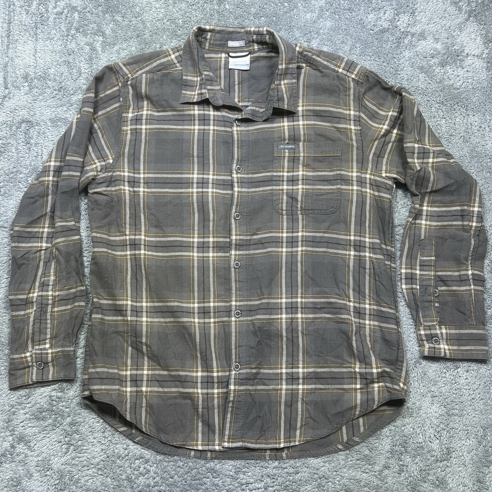 Columbia Boulder Ridge Plaid Flannel Shirt Mens L Gray Yellow Long Sleeve Cotton